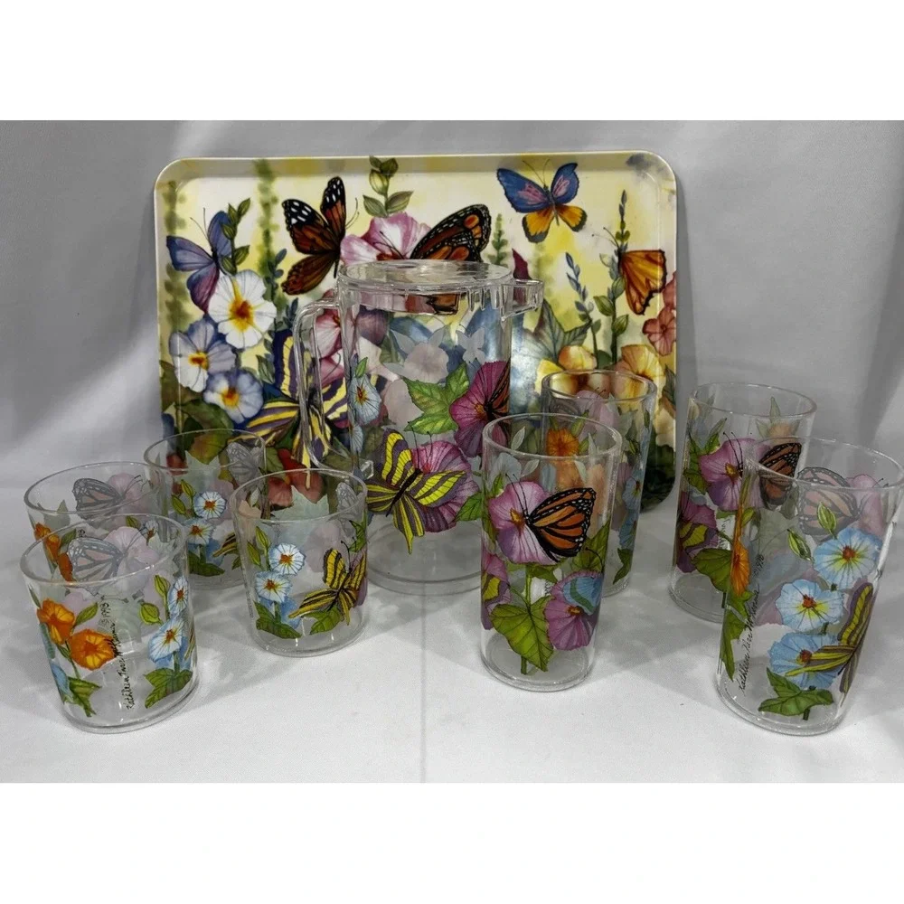 1998 KATHLEEN PARR MCKENNA SERVING TRAY, PITCHER, CUPS- FLOWERS‎ BUTTERFLY